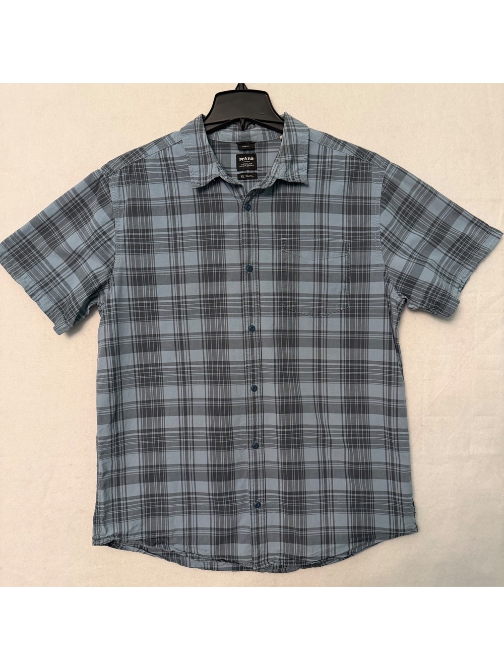 Prana Short Sleeve Button Shirt Men's XL Slim Blue Gray Plaid FLAW READ